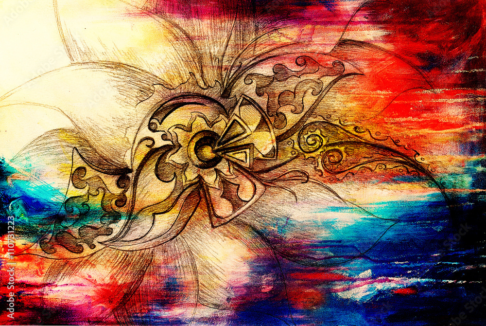 Aufkleber color drawing of ornamental flower structure. original hand drawn and computer collage. color struct
