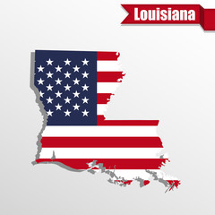 Louisiana State map with US flag inside and ribbon