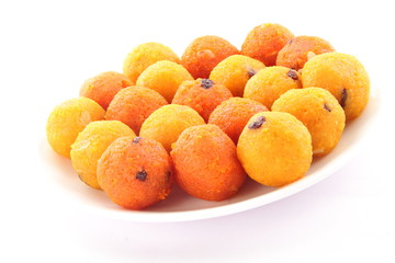 Homemade Indian Traditional Diwali sweets called Motichoor Ladoo or bundi laddu in plate