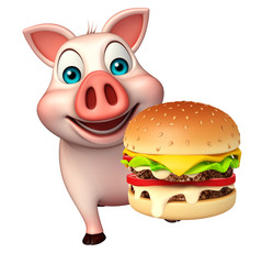 fun  Pig cartoon character with bueger