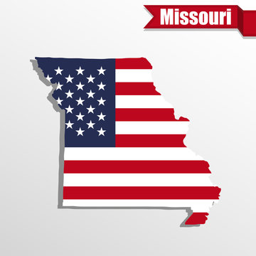 Missouri State map with US flag inside and ribbon