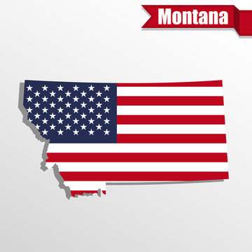 Montana State map with US flag inside and ribbon