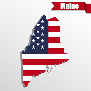 Maine State map with US flag inside and ribbon