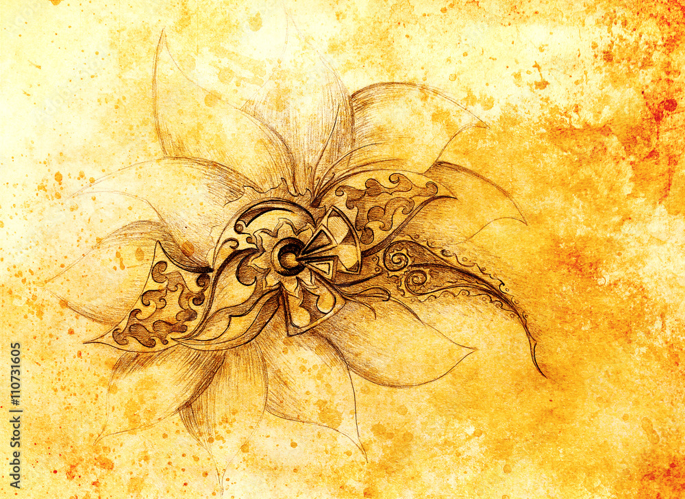 Aufkleber color drawing of ornamental flower structure. original hand drawn and computer collage. color struct