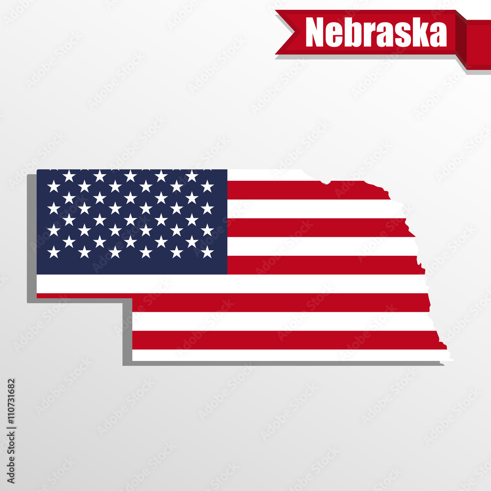 Poster nebraska state map with us flag inside and ribbon