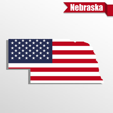 Nebraska State map with US flag inside and ribbon