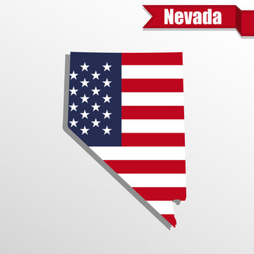 Nevada State map with US flag inside and ribbon