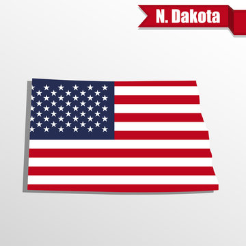 North Dakota State map with US flag inside and ribbon