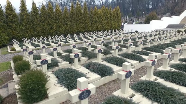 Polish Grave in Lviv. White Crosses and Flowers on the Graves. the Camera Flies Over the Graves of Those Killed in the War Poles. the Crosses Are Decorated With Penta Polish Flag. Grey Sad Weather.
