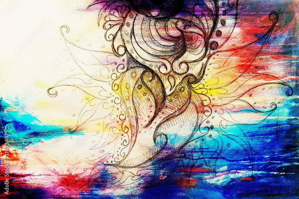 Poster Color drawing of ornamental flower structure. Original hand drawn and computer collage. Color structure.