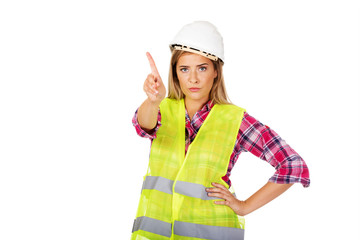 Female builder shows one finger