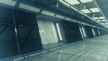 3d render interior. Futuristic hallway. Interior concept design