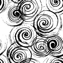 Swirl seamless pattern. Hand drawn black spirals on white background, free layout. Textile design. - 110737438