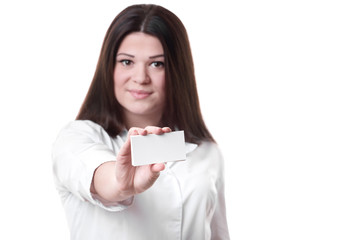 female doctor holding an empty card