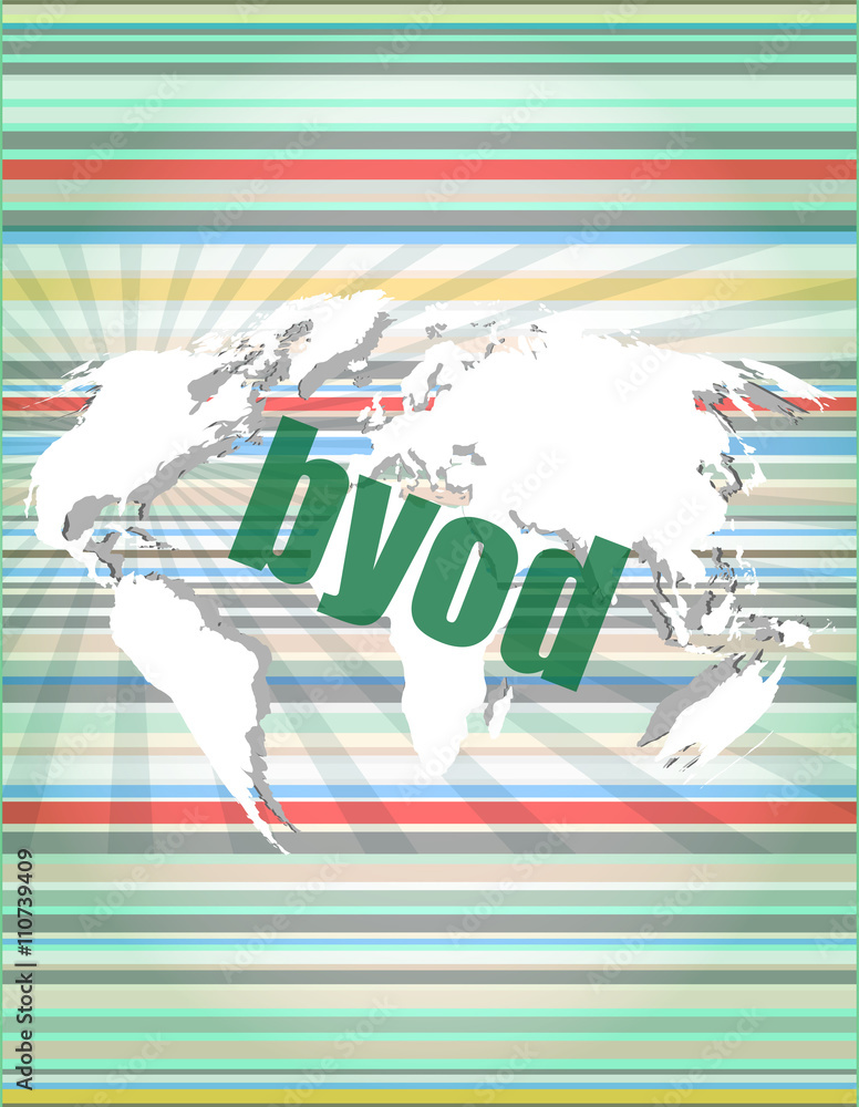 Poster byod word on digital screen, mission control interface hi technology vector quotation marks with thi