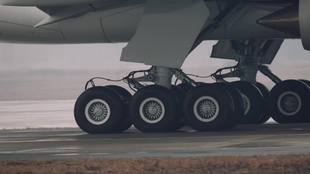 extreme long shot of boeing 777-300er chassis, 4k uhd 2160p