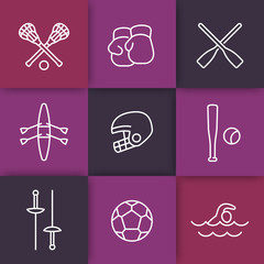 sports and games line icons on squares, boxing, fencing, lacrosse, football linear pictograms, vector illustration