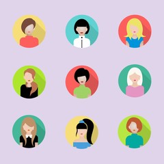 Set of flat symbols of portraits with people. Nine different images of women. Can be used for the websites, forums and blogs