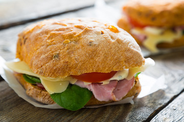 Ciabatta sandwich with ham and cheese