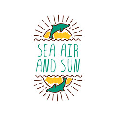 Hand-sketched typographic element with dolphin and sun 