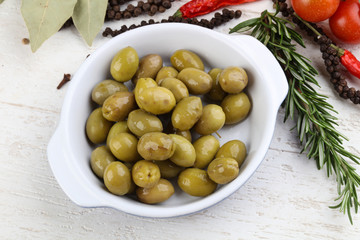 Green olives in the bowl