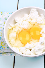 cottage cheese with raw chicken eggs homemade food eco product