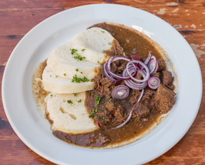 Beef Goulash and Bread Dumplings serving