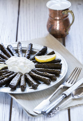 sarma dish- rice and mint wrapped in grape vine leaves