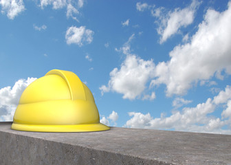Helmet on concrete blocks against the sky. 3D illustration