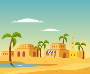Obraz premium Oasis With The Town In Desert