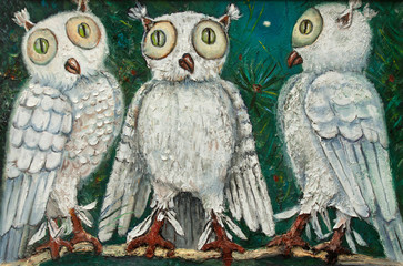 three white owls with green eyes on a tree original relief painting, mixed techniques painting style, abstract owl painting on canvas, night bird impressionism relief painting, 