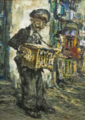 street musician playing on street-organ original oil relief painting on canvas, part of gallery collection, modern impressionism unique artwork