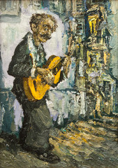 guitar player street musician original oil painting on canvas, man playing on guitar on the street impressionism, part of gallery collection street musicians impressionism paintings