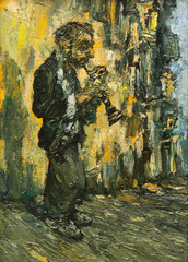 street musician playing on clarinet original oil painting on canvas, relief impressionism, part of impressionist paintings gallery collection, original impressionism painting collection