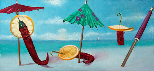 after the tourists original oil painting on canvas, abstract impressionism painting of spice pepper on the beach with cocktail umbrellas and dry orange slices on the beach, summer abstraction painting