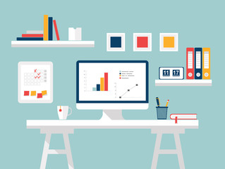 Home office. Flat design vector illustration of modern home office interior with designer desktop and computer