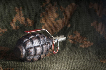 Fragmentation grenade on camouflage clothing