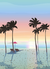 Fototapeta na wymiar Summer vacation vector illustration. Beautiful sea landscape, sunrise and sunset. 