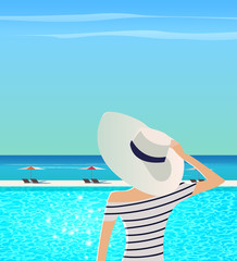 Obraz premium Summer vacation vector illustration. Woman in wide-brimmed hat and striped shirt is admiring sea landscape. 