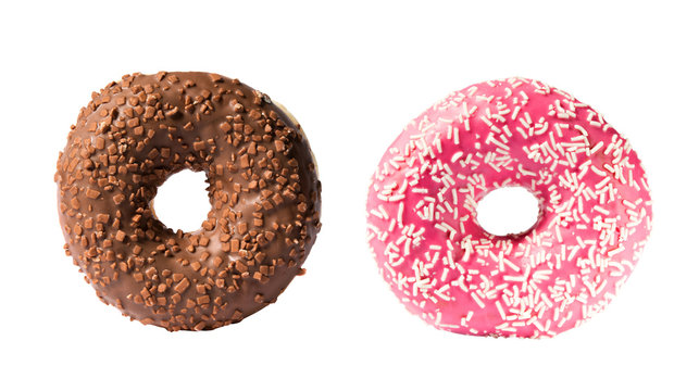 Chocolate donut and pink donut isolated on white background