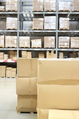 interior of warehouse. Rows of shelves with boxes