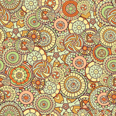 Fototapeta premium Seamless pattern of hand-drawn and painted mandalas. Vector graphics