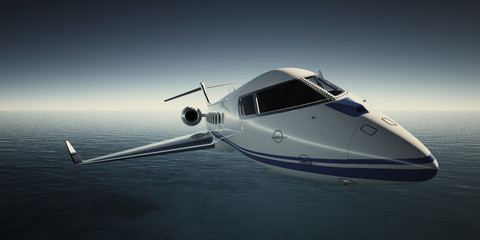 Fototapeta na wymiar Photo of White Luxury Generic Design Private Jet Flying in Sky at night. Blue Ocean Background. Business Travel Picture. Wide. Front view.Film Effect. 3D rendering.