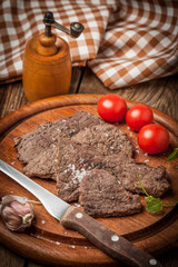 Slices of fried beef.