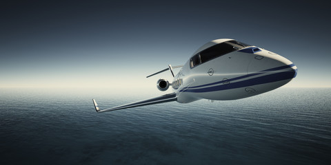 Photo of White Luxury Generic Design Private Jet Flying in Sky under the water surface. Blue Ocean Background. Business Travel Picture. Wide. Film Effect. 3D rendering.