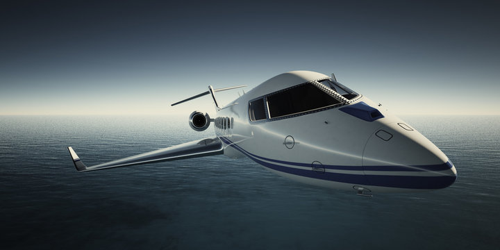 Photo of White Luxury Generic Design Private Jet Flying in Sky at night. Blue Ocean Background. Business Travel Picture. Wide. Front view.Film Effect. 3D rendering.