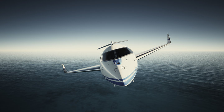 Image of White Luxury Generic Design Private Jet Flying in Sky at night. Blue Ocean Background. Business Travel Picture. Wide. Front view.Film Effect. 3D rendering.