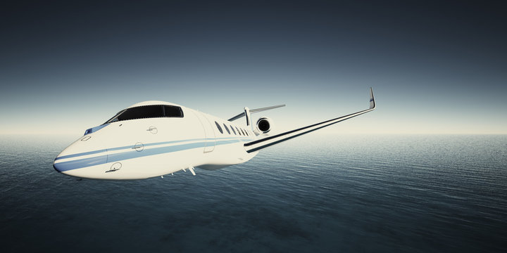 Photo of White Luxury Generic Design Private Jet Flying in Sky under the water surface. Blue Ocean Background. Business Travel Picture.Horizontal,Film Effect. 3D rendering.