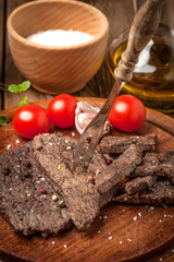 Slices of fried beef.