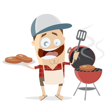 Funny Cartoon Man With Steaks And Grill